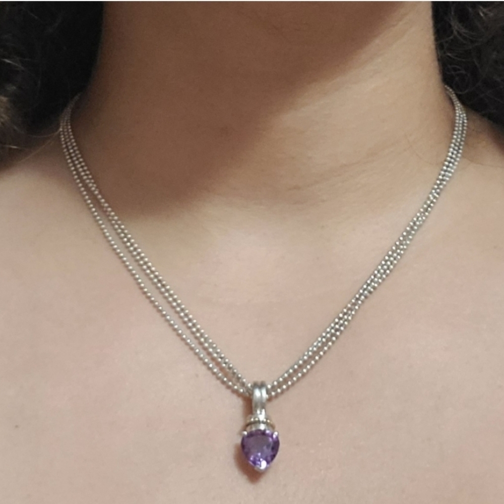 925 Silver Amethyst Pendant w/ 14K Yellow Gold Detailing & Silver Triple Chain - Picture 6 of 6